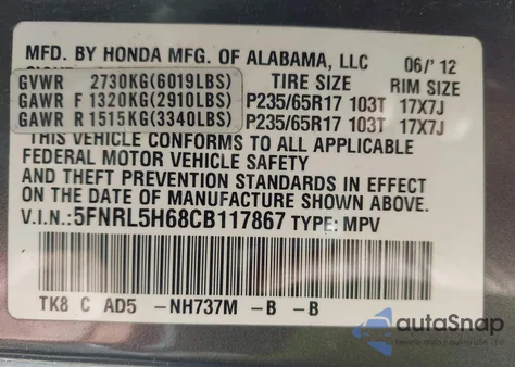 2012 Honda Odyssey Ex-L from USA, damaged, VIN 5FNRL5H68CB117867
